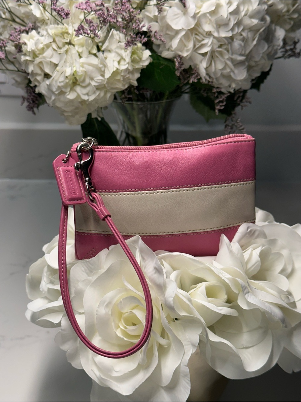 Coach Pink and Cream Leather Wristlet